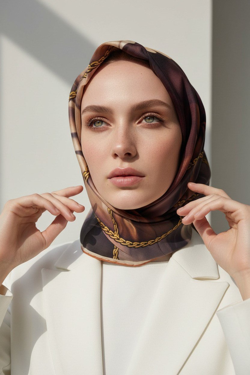 % 57 İPEK % 43 VİSKON Twill İpek Çiçek  Geometrik Desenli Taba Renkli 90x90 Eşarp Dikim Şekli : El Dikişi