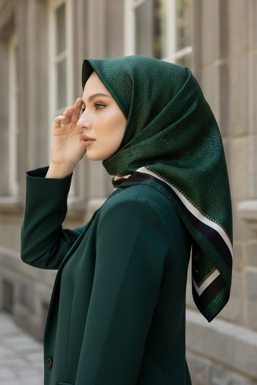 % 57 İPEK % 43 VİSKON Twill İpek Leopar Desenli Zümrüt Yeşili Renkli 90x90 Eşarp Dikim Şekli : El Dikişi