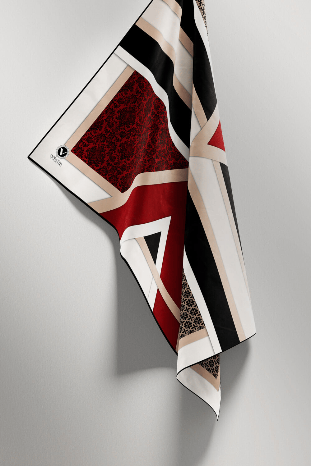 Twill Geometrik Barok Desenli Bordo - Bej Renkli 90x90 Eşarp (İpek İçermez) Kenar Dikiş Şekli El Dikişli