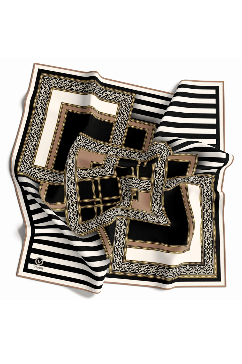Twill Çizgili ve Kareli Desenli Bej Renkli 90x90 Eşarp (İpek İçermez) Kenar Dikiş Şekli El Dikişli