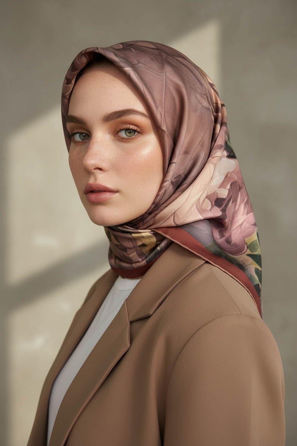 %100 Twill İpek Dumanlı Çiçek Desenli Taba Renkli 90x90 Eşarp Kenar Dikiş Şekli El Dikişli