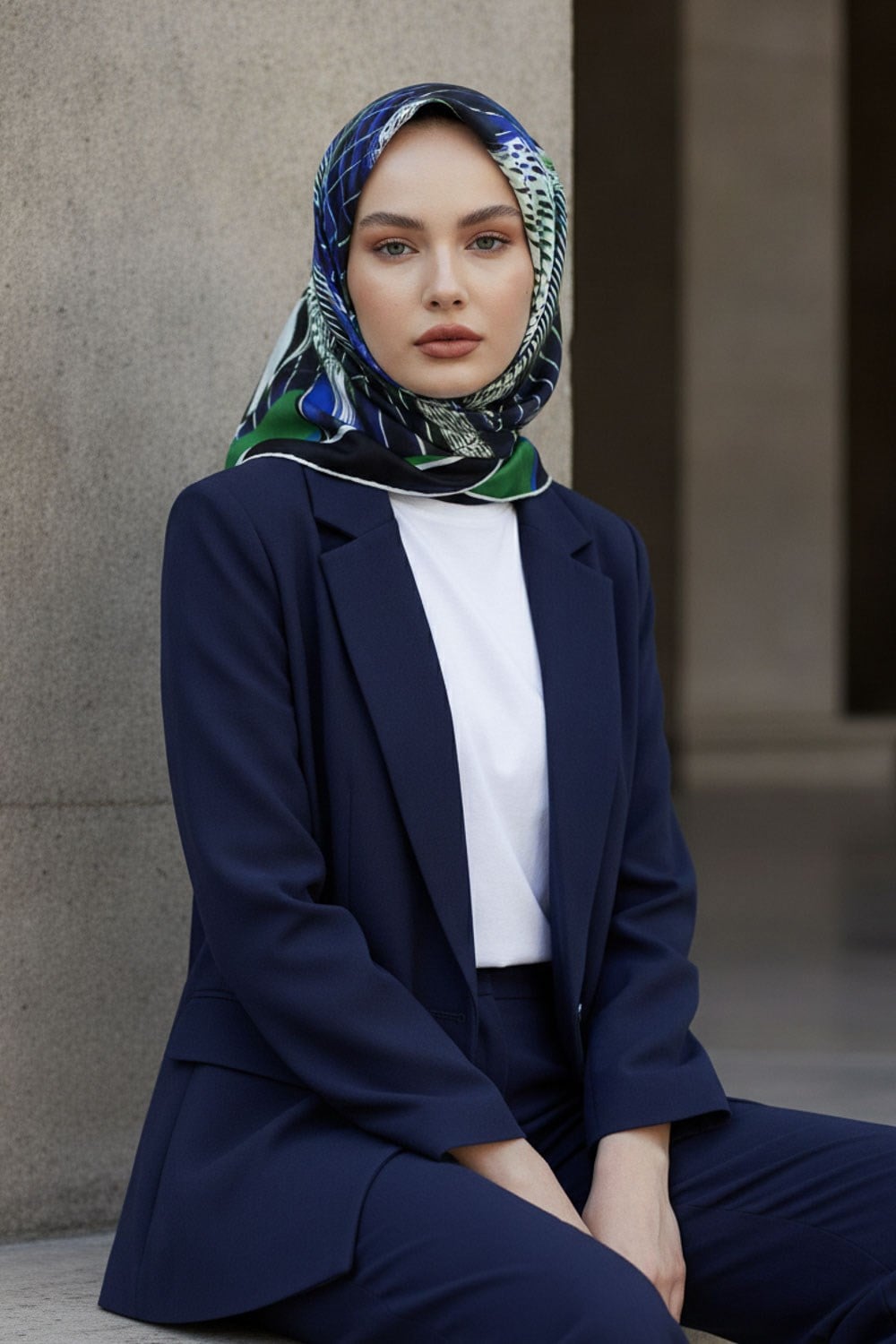 %100 Twill İpek Geometrik Desenli Zümrüt Yeşili - Saks Renkli 90x90 Eşarp Dikim Şekli : El Dikişi