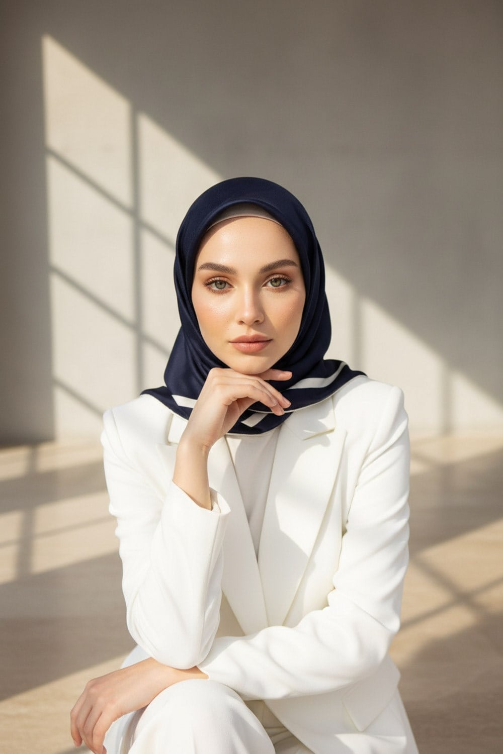 100% Twill İpek Düz Renk Bordür Desenli Lacivert - Krem Renkli Daha Tok Exclusive Serisi 90x90 Dikim Şekli : El Dikişi Eşarp