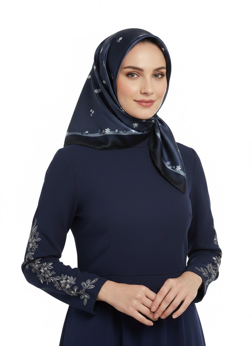 %100 Twill İpek Kenar Motifi Çiçek Desenli İndigo - Lacivert Renkli 90x90 Eşarp Dikim Şekli : El Dikişi
