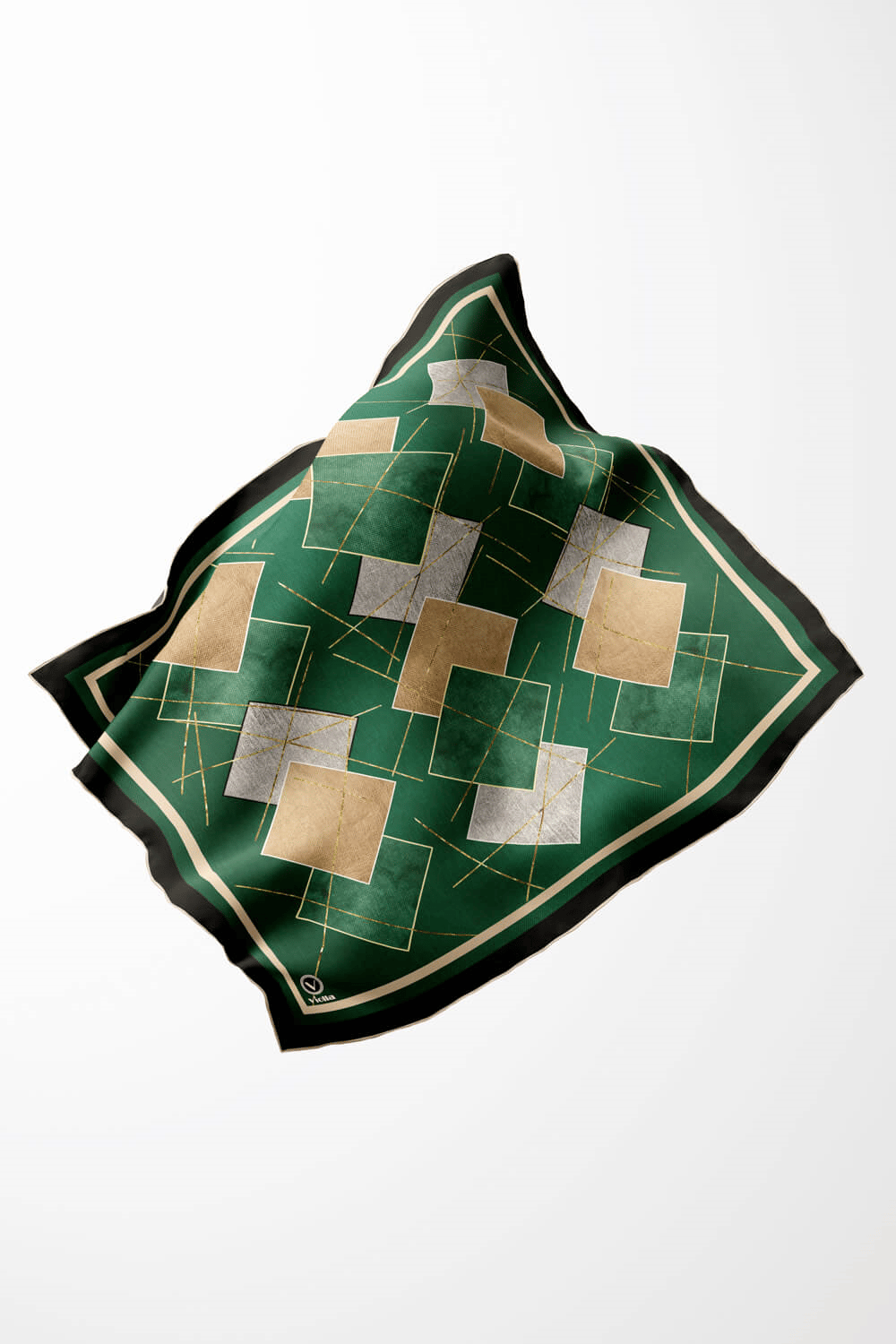 Twill Geometrik Desenli Petrol Yeşili Renkli 90x90 Eşarp (İpek İçermez) Kenar Dikiş Şekli El Dikişli