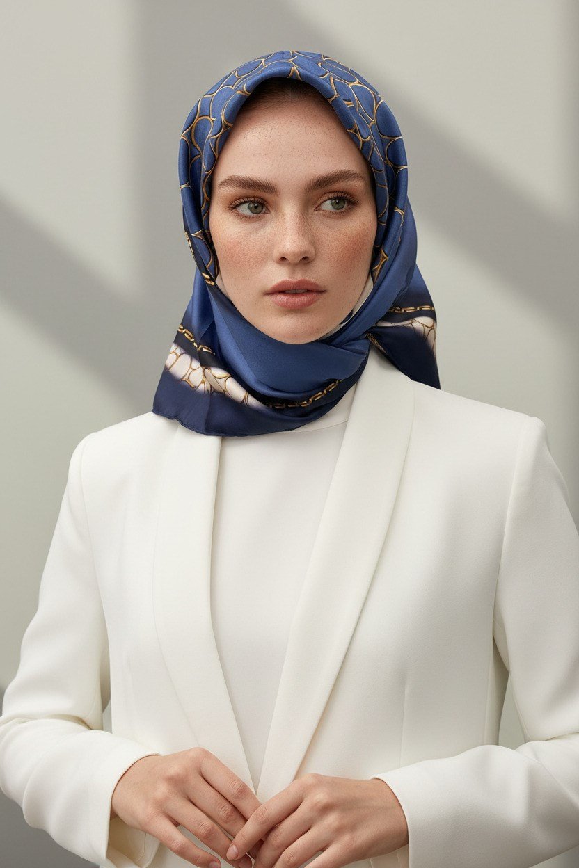 %100 Twill İpek Gold Halka Desenli İndigo - Lacivert Renkli 90x90 Eşarp Dikim Şekli : El Dikişi