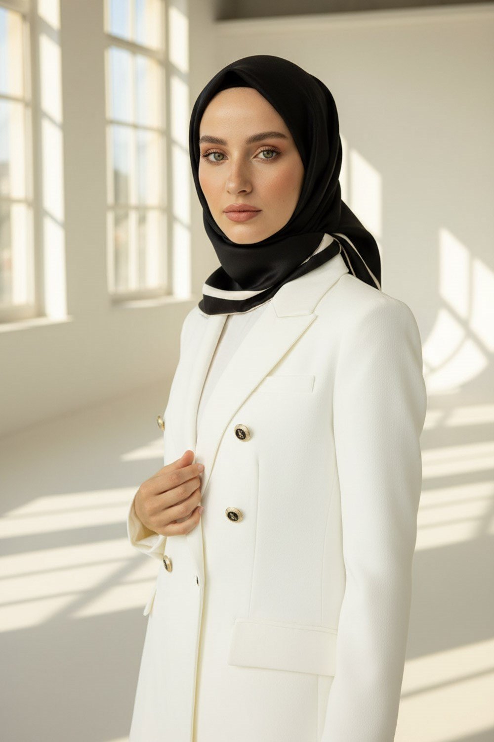 100% Twill İpek Düz Renk Bordür Desenli Siyah - Krem Renkli Daha Tok Exclusive Serisi 90x90 Dikim Şekli : El Dikişi Eşarp
