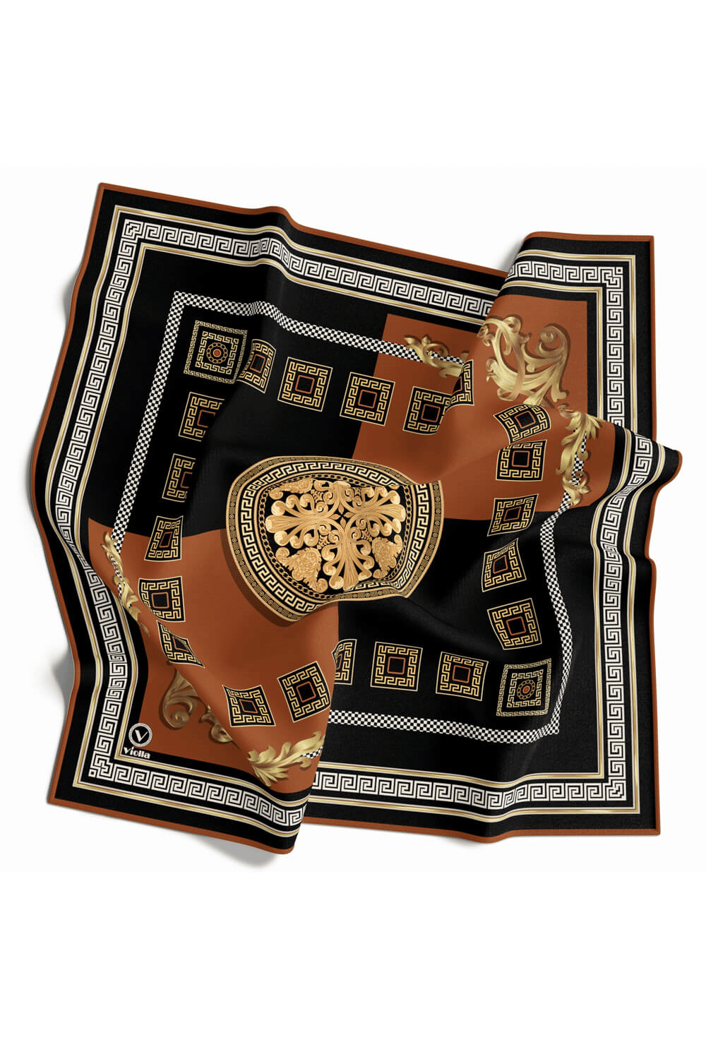 Twill Barok Desenli Taba Renkli 90x90 Eşarp (İpek İçermez) Kenar Dikiş Şekli El Dikişli