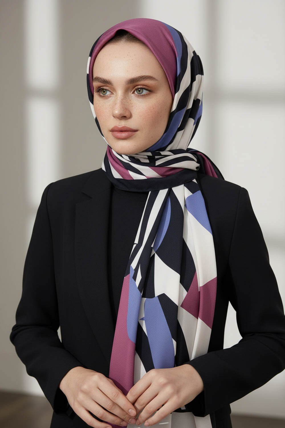 KREP DESENLİ İNDİGO RENKLİ 75X195 KIRIŞMAZ ŞAL