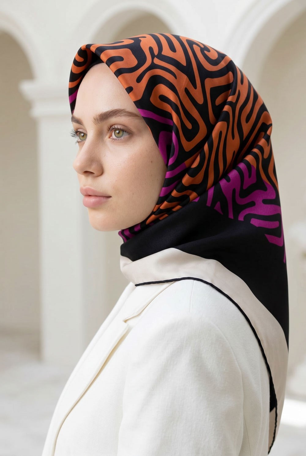 100% Twill İpek Bordürlü Dalga Desenli Fuşya - Turuncu Renkli 90x90 Dikim Şekli : El Dikişi Eşarp