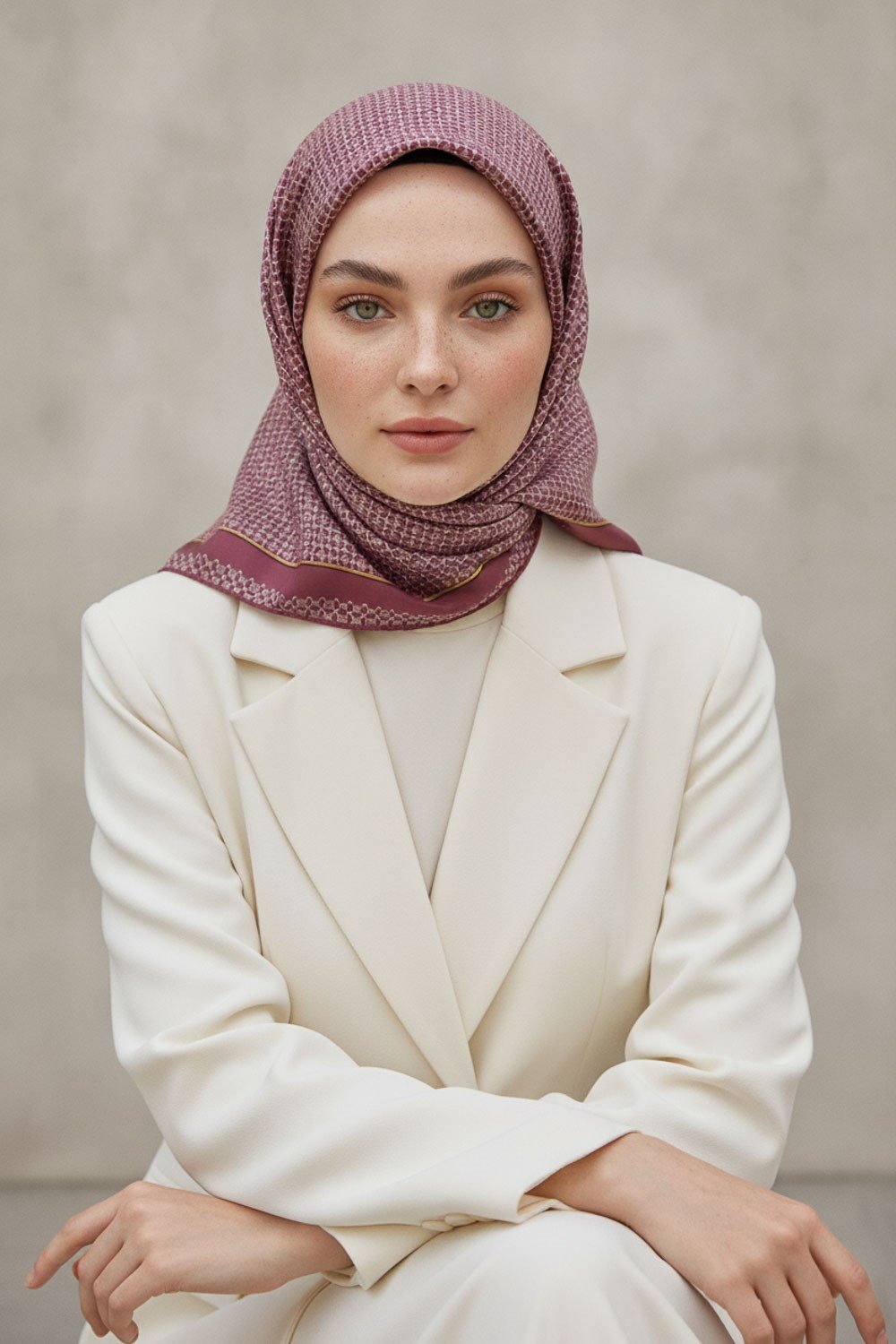 %100 Twill İpek Minik Motif Desenli Gül Kurusu - Krem Renkli 90x90 Eşarp Dikim Şekli : El Dikişi