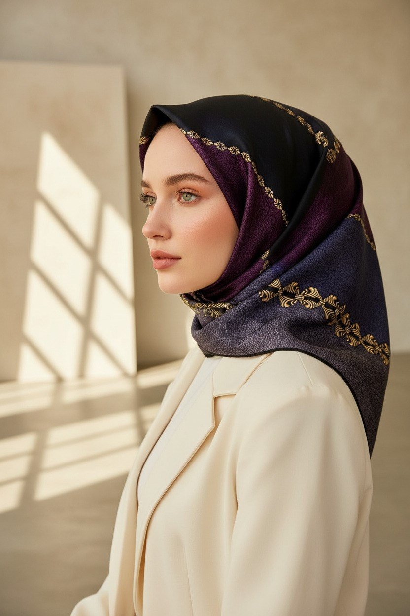 %100 Twill İpek Geometrik Desenli İndigo - Mürdüm Renkli 90x90 Eşarp Dikim Şekli : El Dikişi