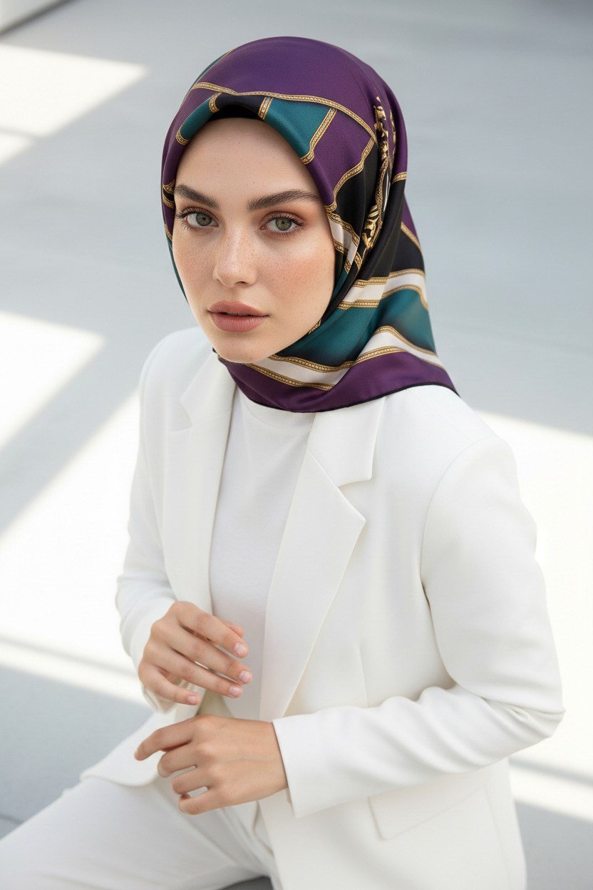 %100 Twill İpek Baroklu Ve Geometrik Desenli Mürdüm - Petrol Yeşili Renkli 90x90 Eşarp Dikim Şekli : El Dikişi