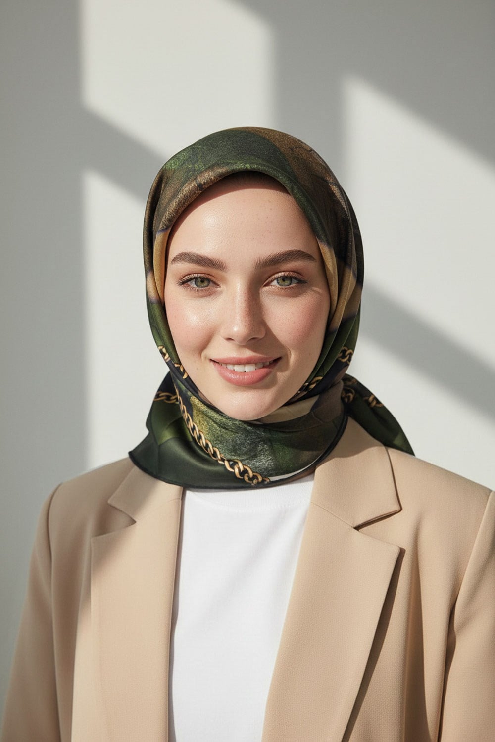 % 57 İPEK % 43 VİSKON Twill İpek Taş Efekti Desenli Haki - Siyah Renkli 90x90 Eşarp Dikim Şekli : El Dikişi