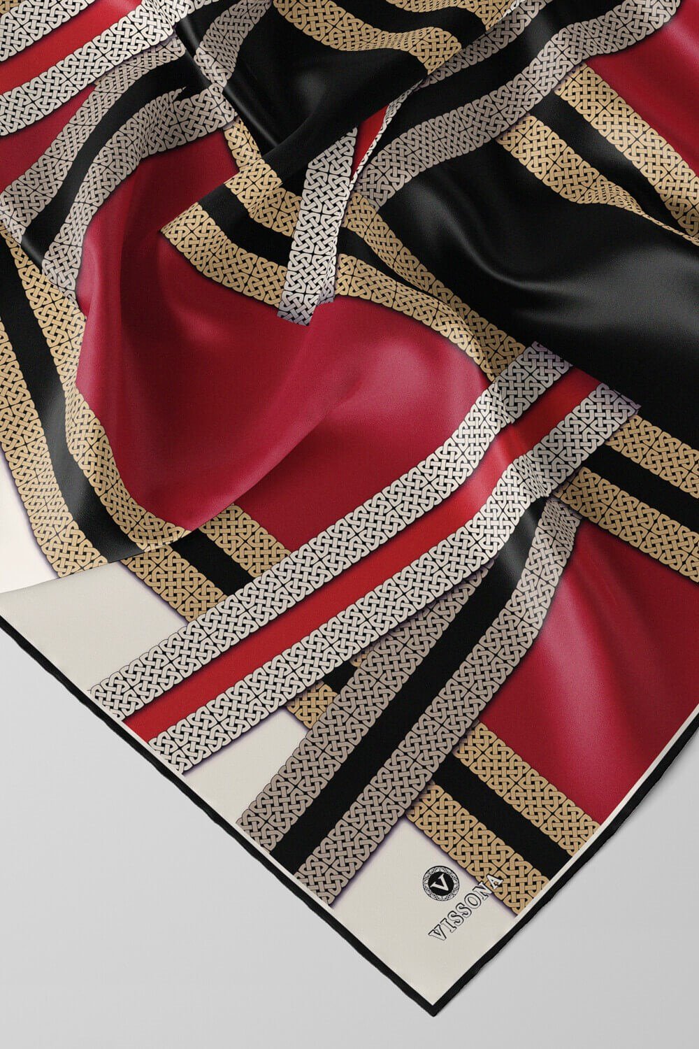 %100 Twill İpek Geometrik Desenli Siyah - Bordo Renkli 90x90 Eşarp Dikim Şekli : El Dikişi