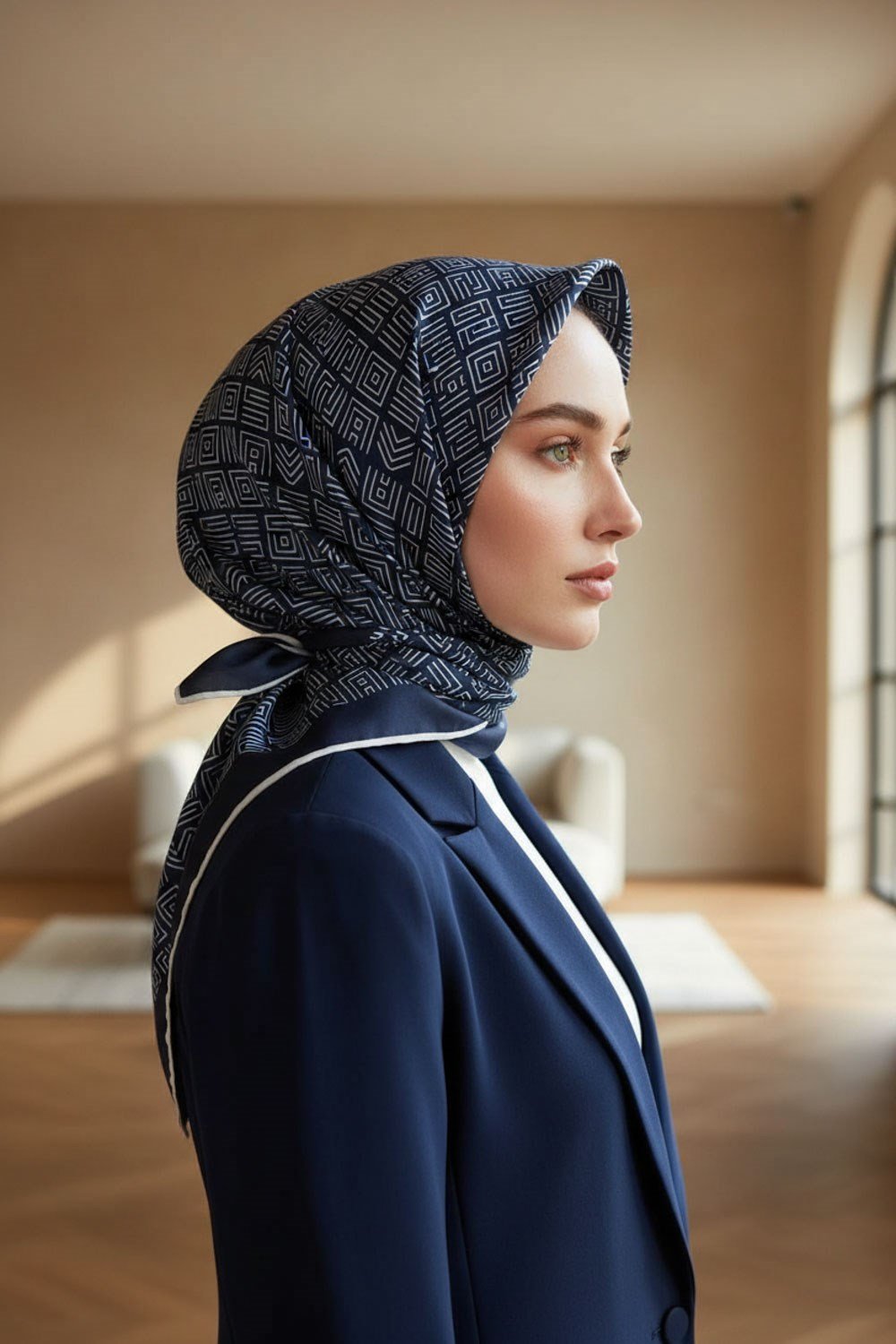 100% Twill İpek Etnik Motif Desenli Lacivert - Krem Renkli 90x90 Dikim Şekli : El Dikişi Eşarp