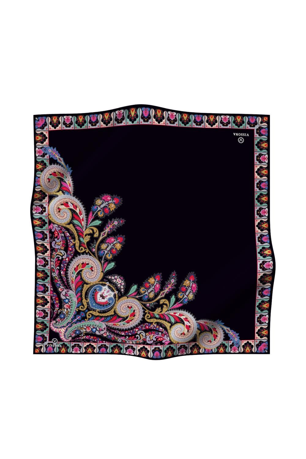 100% Twill İpek Etnik Desenli Siyah - Fuşya Renkli 90x90 Dikim Şekli : El Dikişi Eşarp