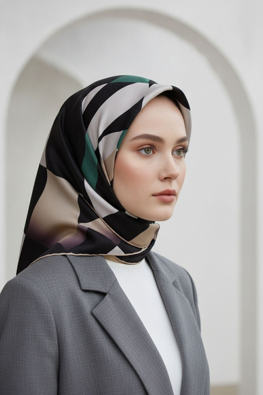 %100 Twill İpek Geometrik Desenli Petrol Yeşili - Bej Renkli 90x90 Eşarp Dikim Şekli : El Dikişi