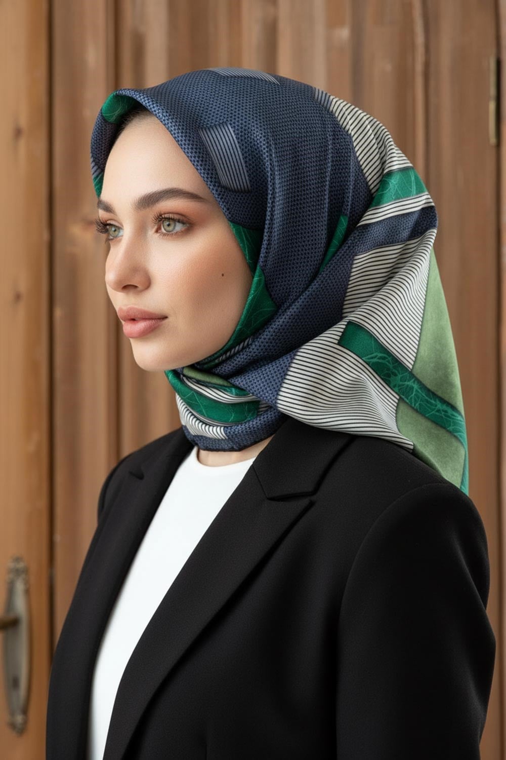 %100 Twill İpek Geometrik Desenli Siyah - Zümrüt Yeşili Renkli 90x90 Eşarp Dikim Şekli : El Dikişi
