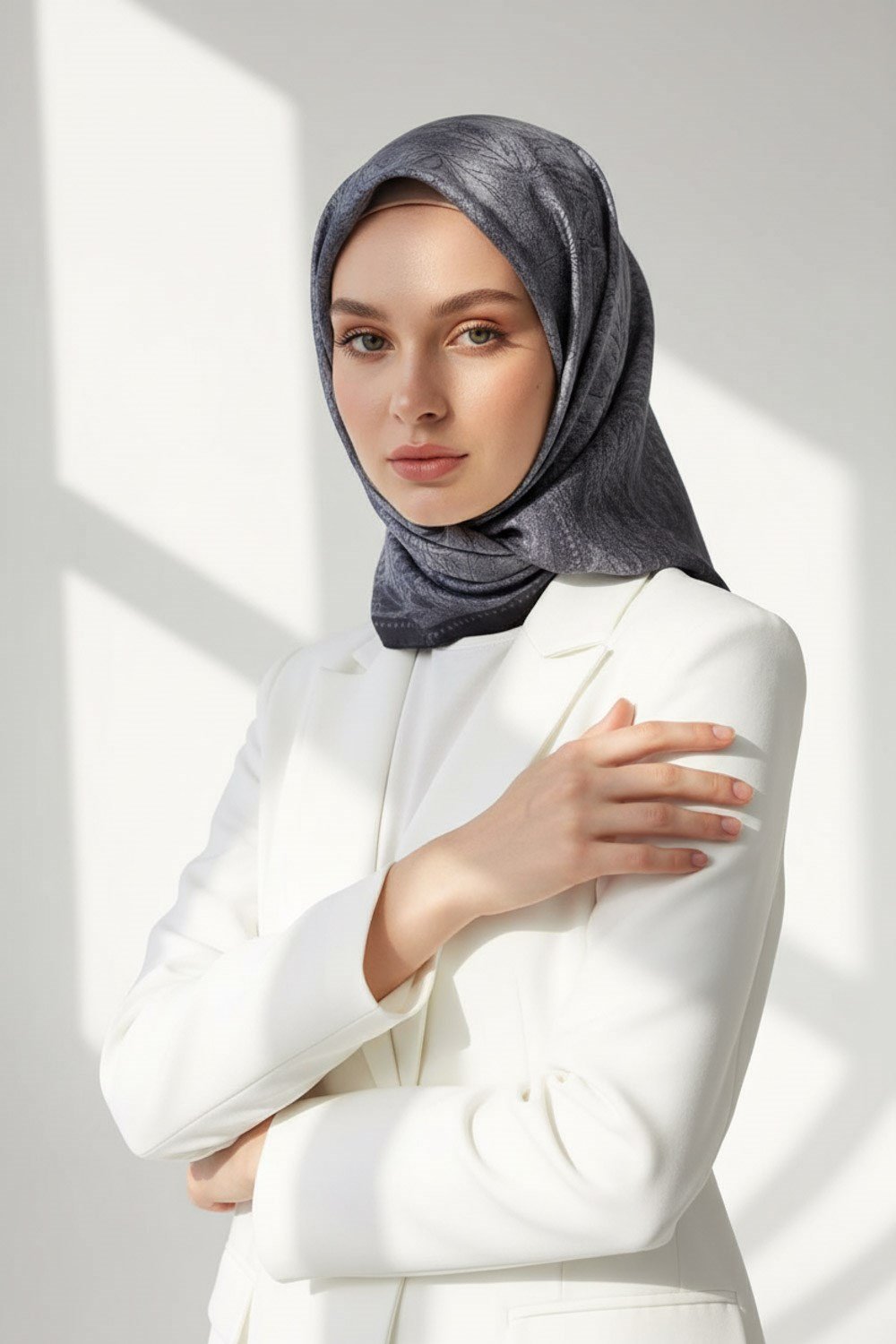 % 57 İpek % 43 Viskon Twill İpek Degradeli Yaprak  Desenli Gümüş Renkli 90x90 Eşarp Dikim Şekli : El Dikişi