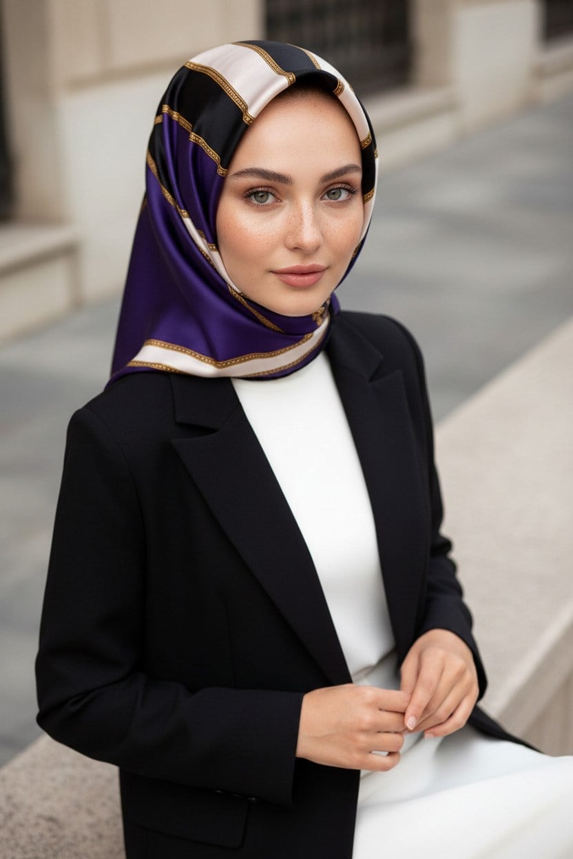 %100 Twill İpek Barok Ve Şerit Desenli Mor - Siyah Renkli 90x90 Eşarp Dikim Şekli : El Dikişi