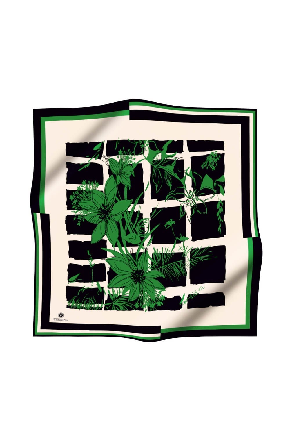 %100 Twill İpek Çiçekli ve Geometrik Desenli Benetton Yeşili - Siyah Renkli 90x90 Eşarp Dikim Şekli : El Dikişi