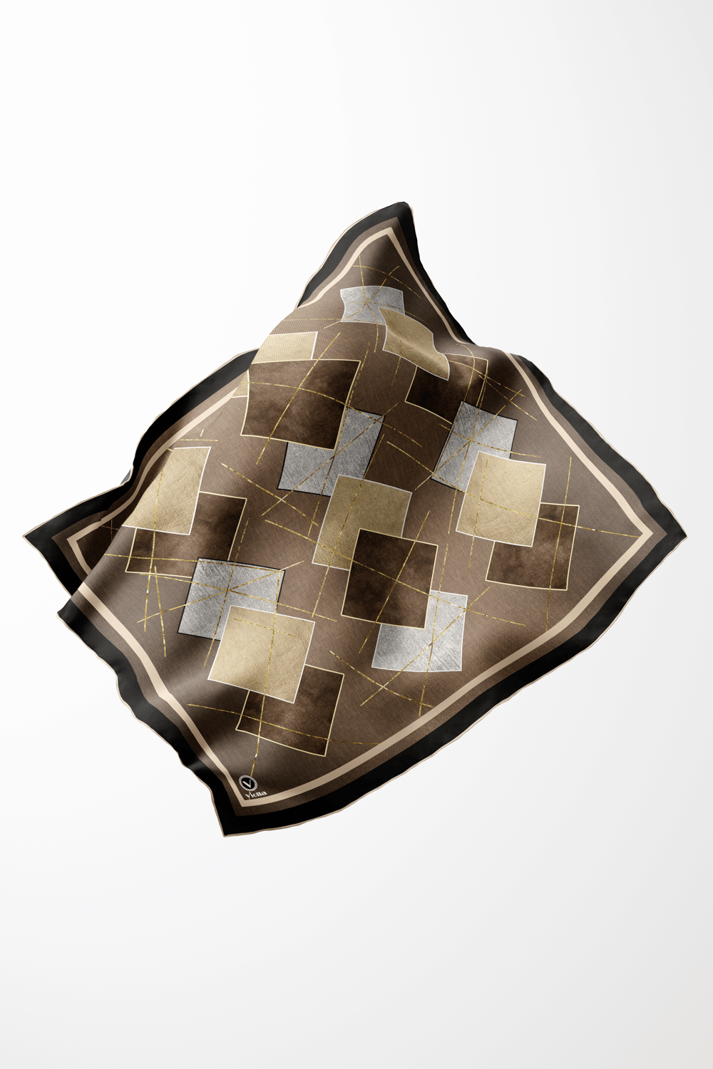 Twill Geometrik Desenli Vizon Renkli 90x90 Eşarp (İpek İçermez) Kenar Dikiş Şekli El Dikişli