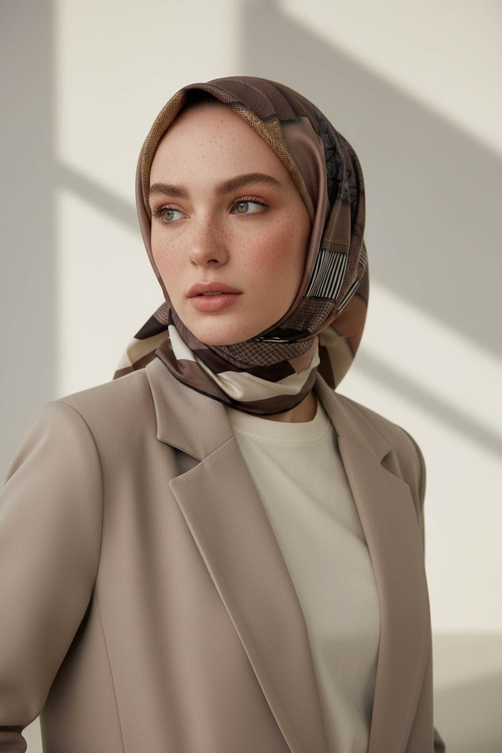 %100 Twill İpek Geometrik Desenli Bakır - Bej Renkli 90x90 Eşarp Dikim Şekli : El Dikişi