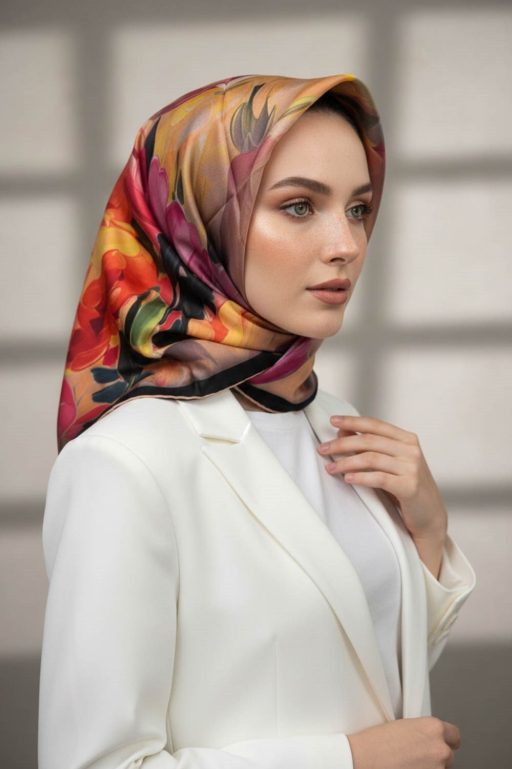 %100 Twill İpek Dumanlı Çiçek Desenli Somon Renkli 90x90 Eşarp Kenar Dikiş Şekli El Dikişli