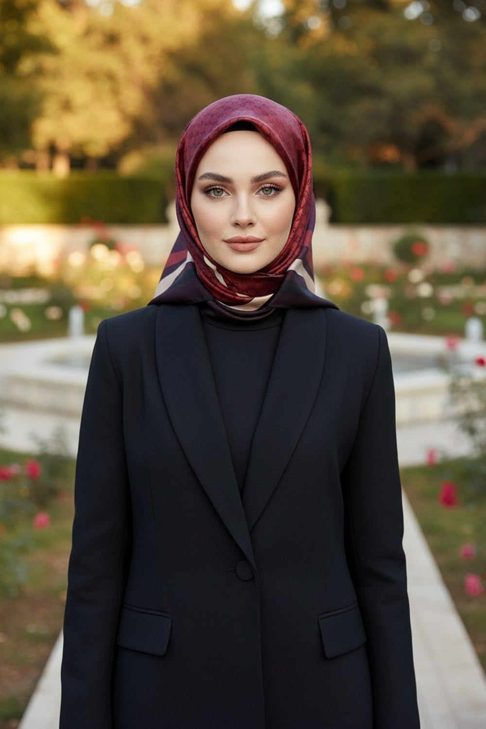 %100 Twill İpek Degrade Desenli Siyah - Kırmızı Renkli 90x90 Eşarp Dikim Şekli : El Dikişi