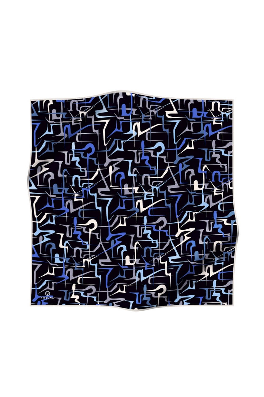 % 57 İPEK % 43 VİSKON Twill İpek Soyut Geometrik Desenli İndigo - Gri Renkli 90x90 Eşarp Dikim Şekli : El Dikişi