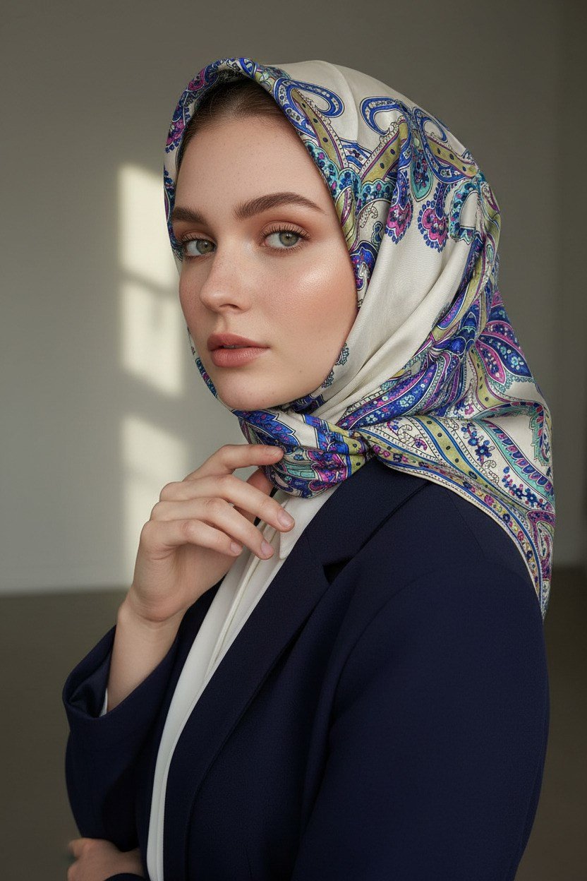 %100 Twill İpek Şal Desenli Krem - Saks Renkli 90x90 Eşarp Dikim Şekli : El Dikişi