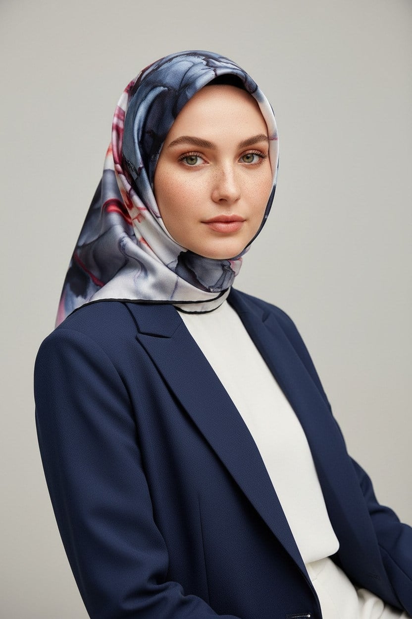 % 57 İPEK % 43 VİSKON Twill İpek Batik Çiçek Desenli İndigo - Bakır Renkli 90x90 Eşarp Kenar Dikiş Şekli El Dikişli