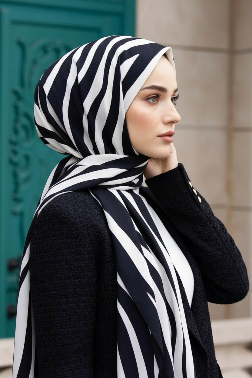 Krep Şal 75x190 Zebra Desenli Siyah Beyaz Kırışmaz Kadın Şal