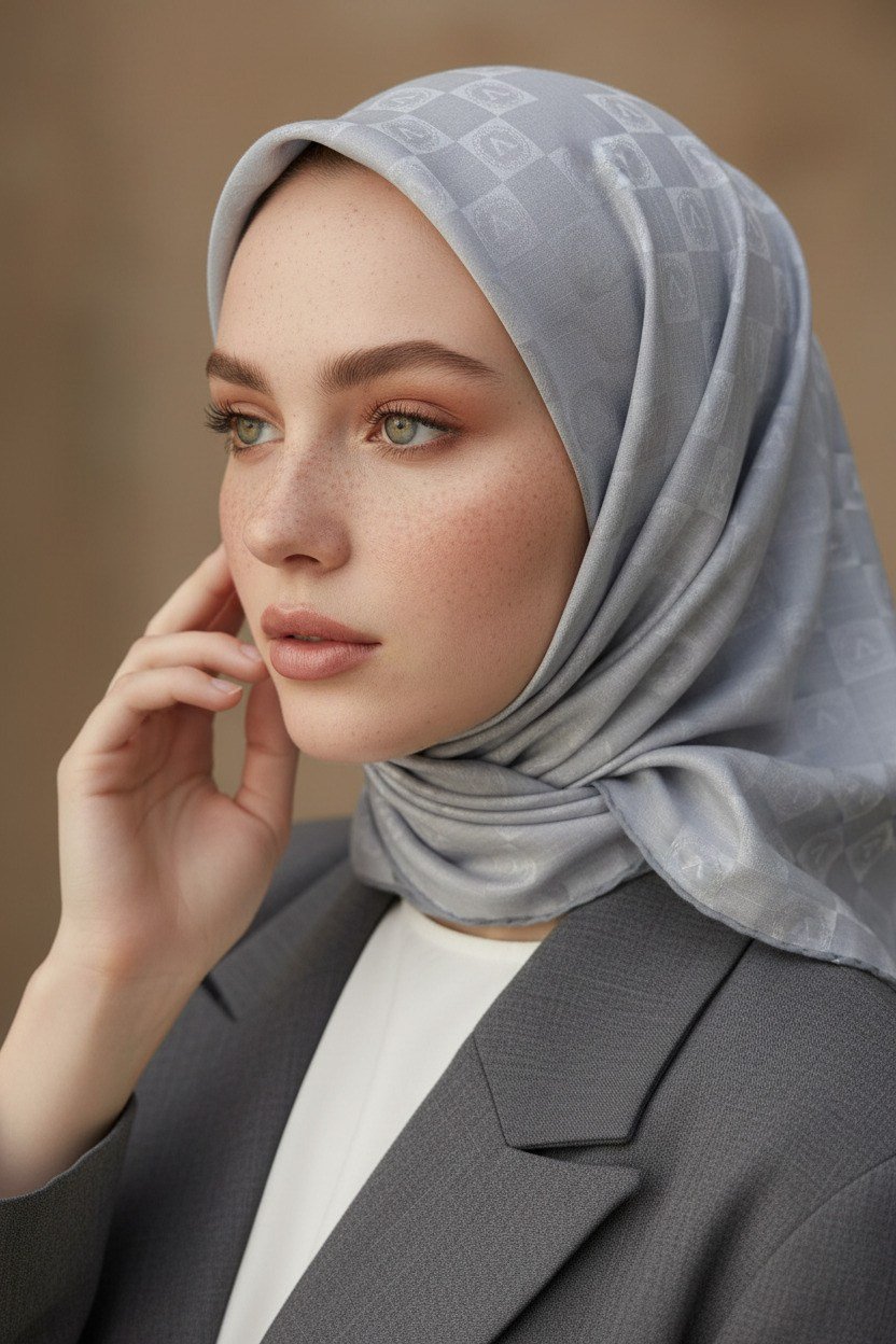 %57 İpek %43 Pamuk Jakarlı Monogram Eşarp 92X92