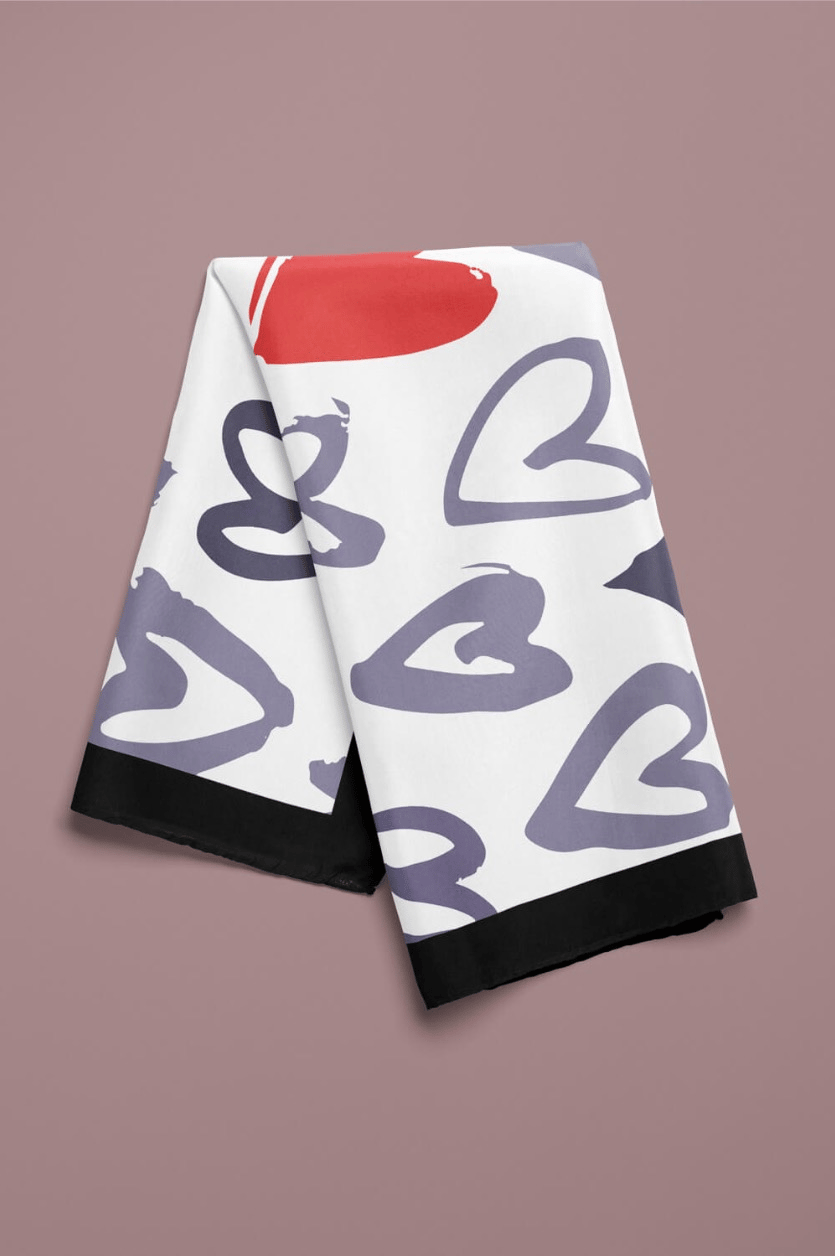 D119 Kadın Kalp Desenli Bandana 50x50 Kırmızı Gri - DG0386