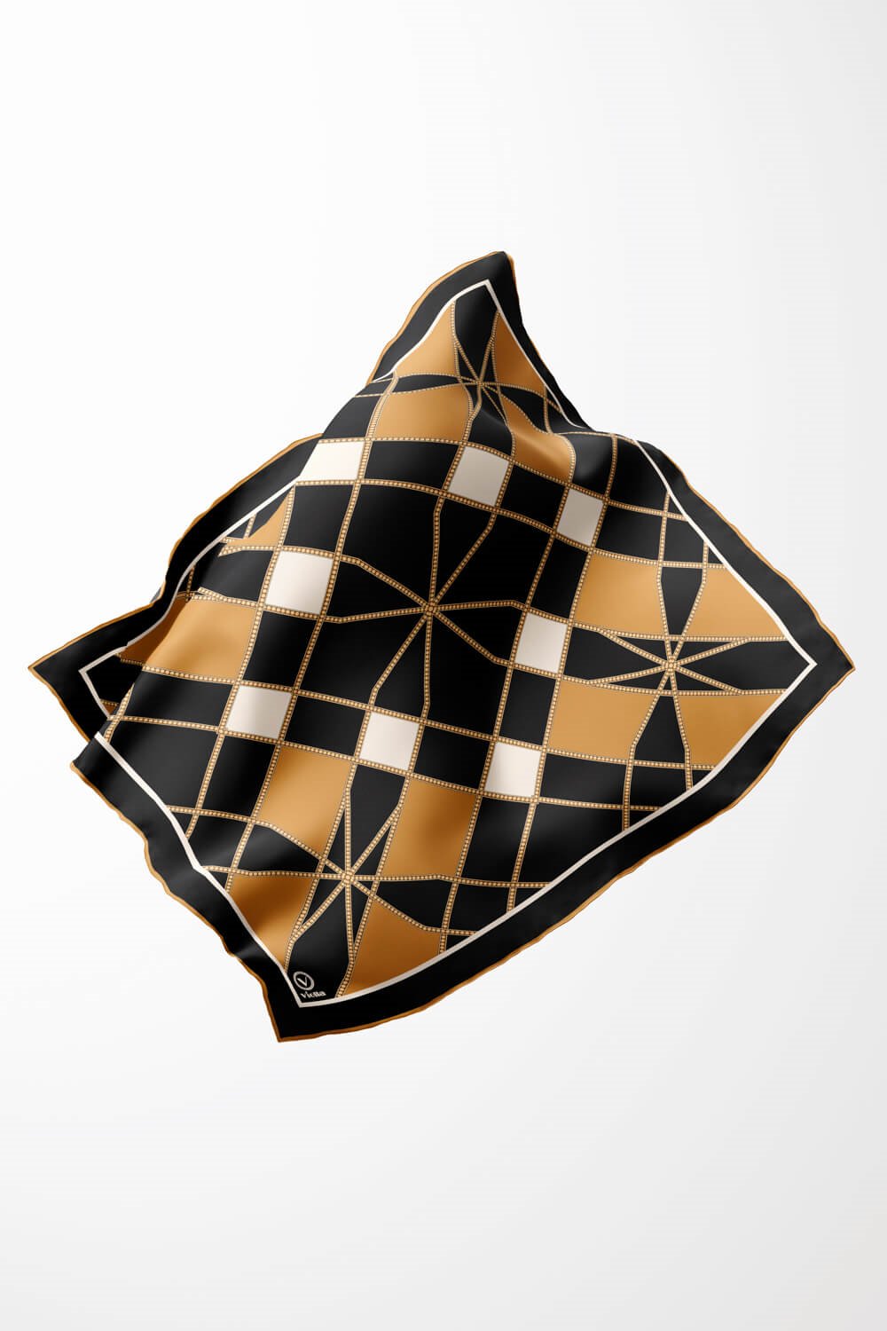 Twill Gold Detaylı Geometrik Çiçekli Desenli Hardal Renkli 90x90 Eşarp (İpek İçermez) Kenar Dikiş Şekli El Dikişli