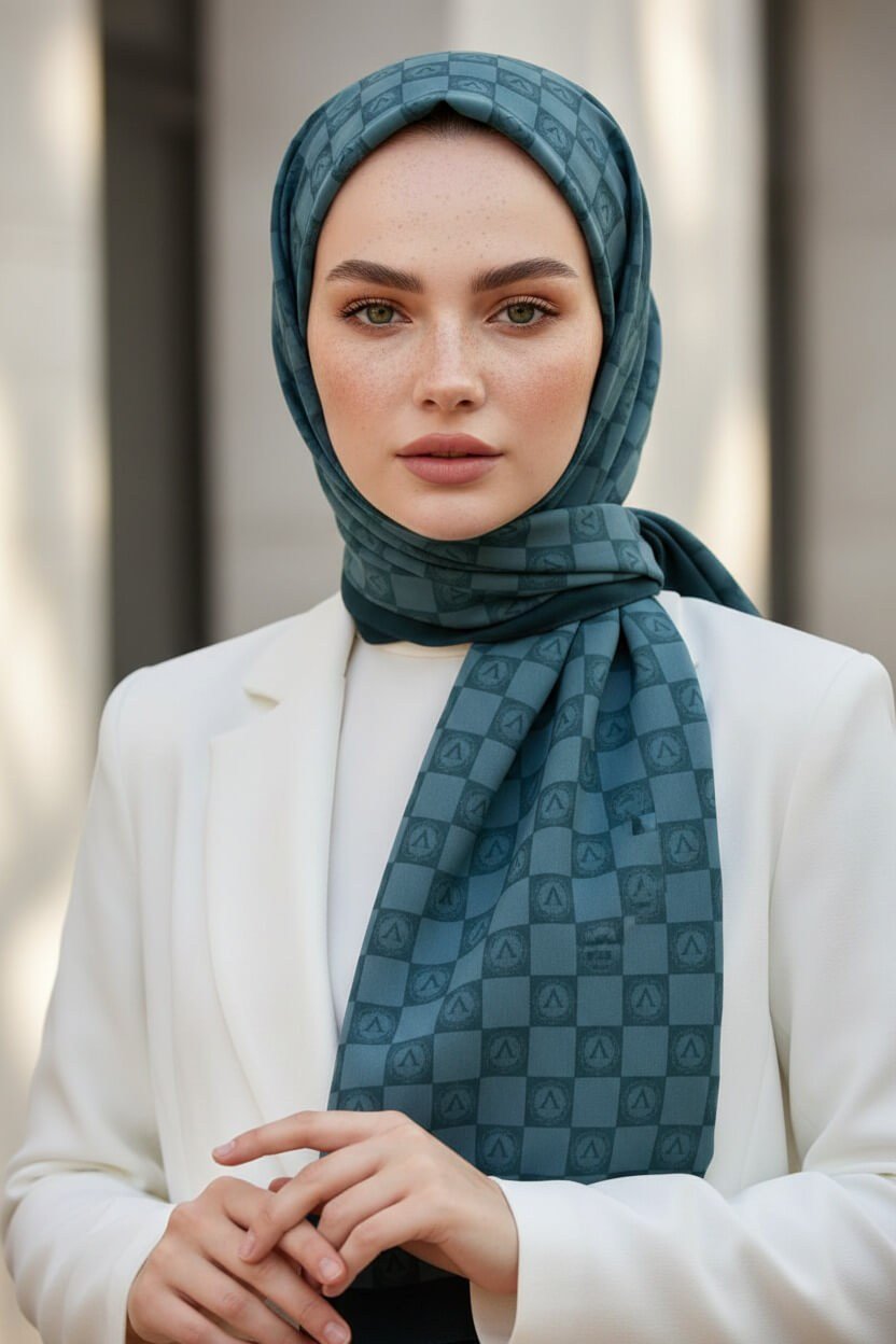 KREP MONOGRAM DESENLİ ZÜMRÜT YEŞİLİ RENKLİ 75X195 KIRIŞMAZ ŞAL