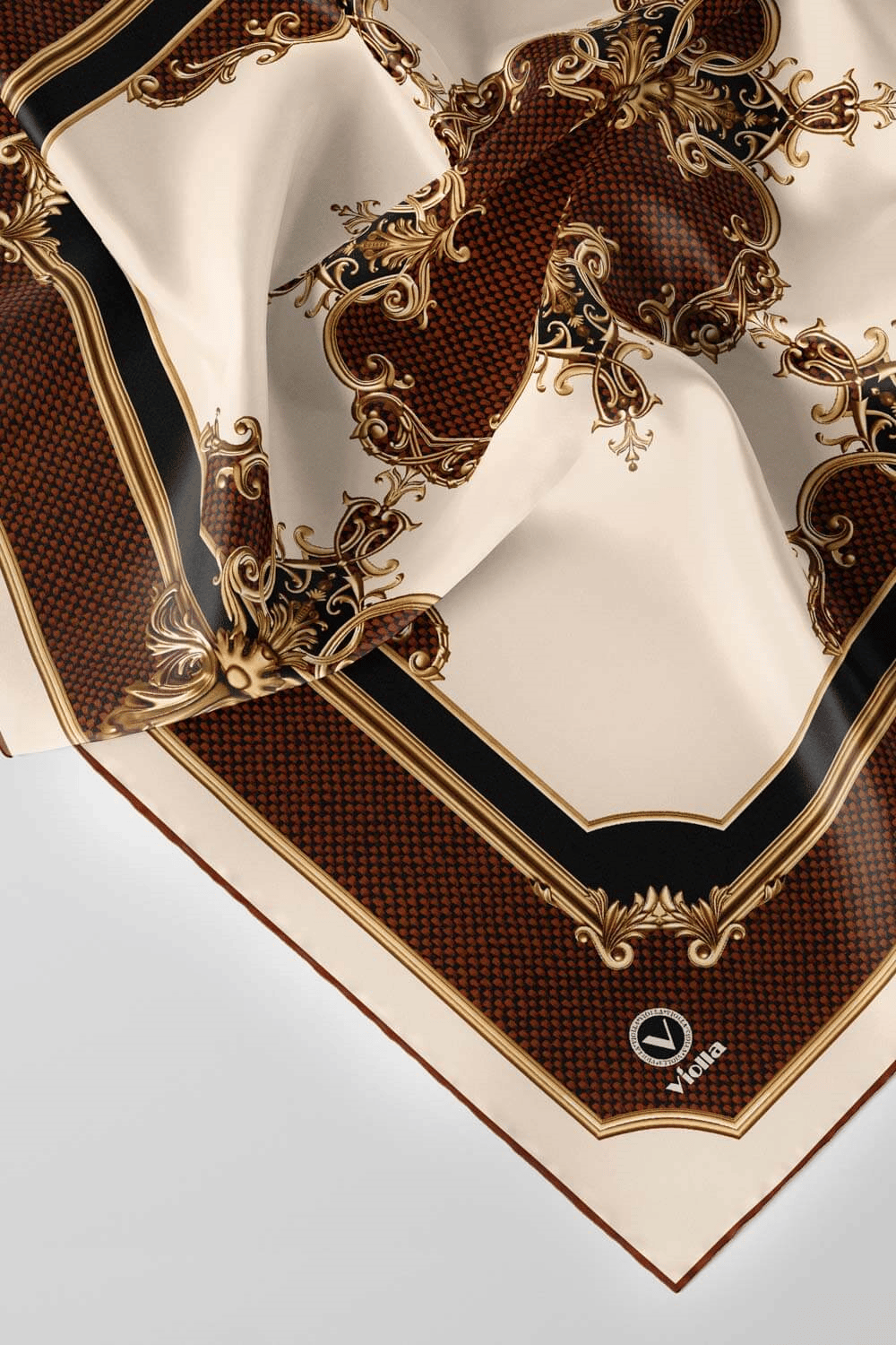 Twill Barok Desenli Taba Renkli 90x90 Eşarp (İpek İçermez) Dikim Şekli : El Dikişi