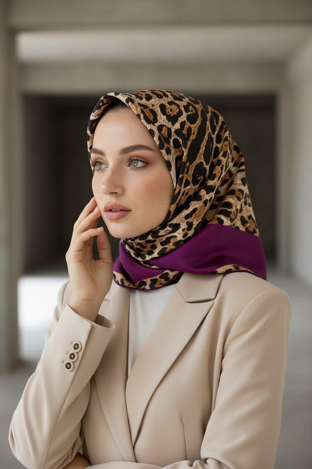 %100 Twill İpek Leopar Desenli Mürdüm Renkli 90x90 Eşarp Dikim Şekli : El Dikişi