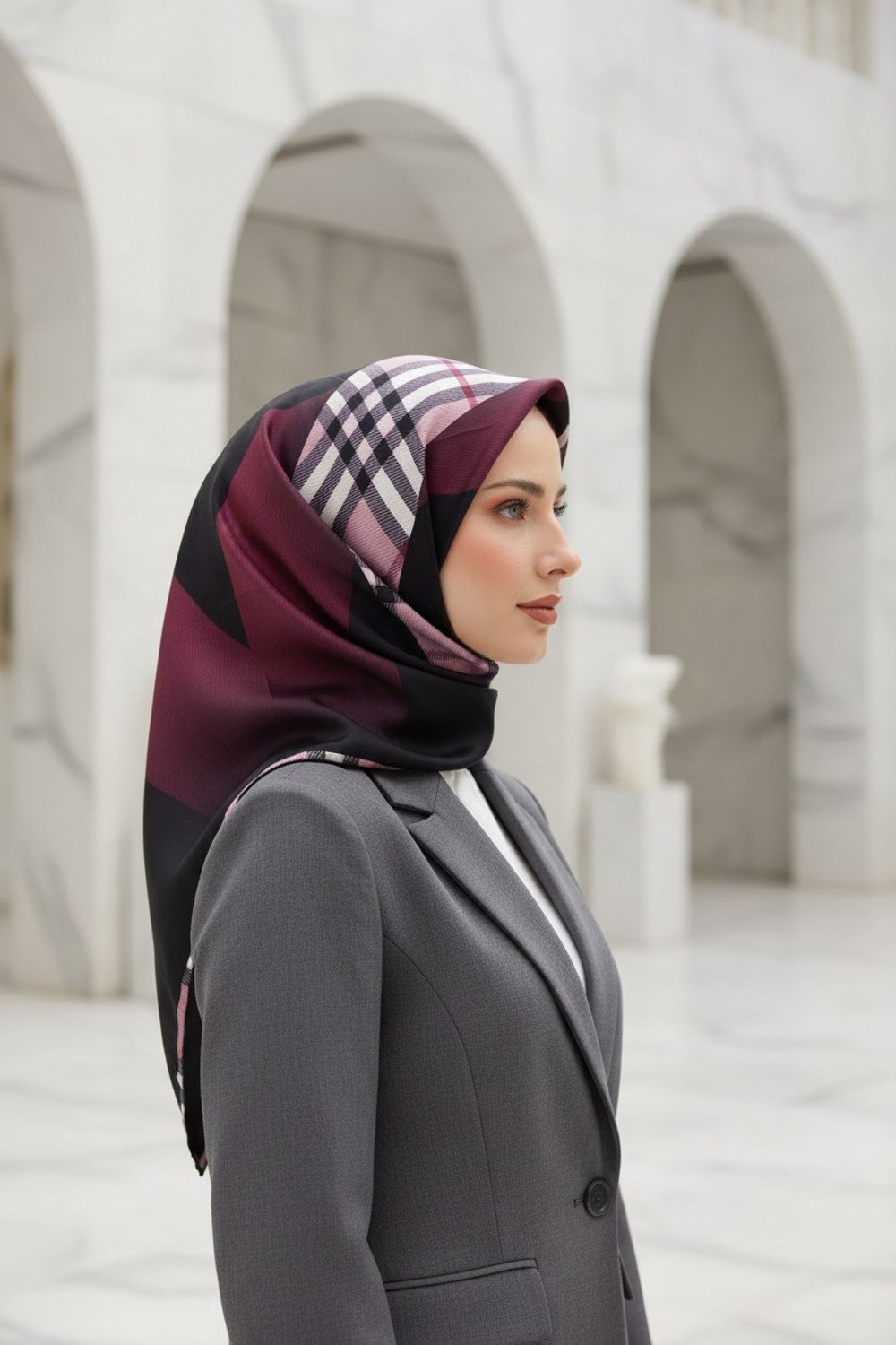 %100 Twill İpek Eşarp 90x90 Saks Siyah Ekose Desenli El Dikişli Kadın Eşarp