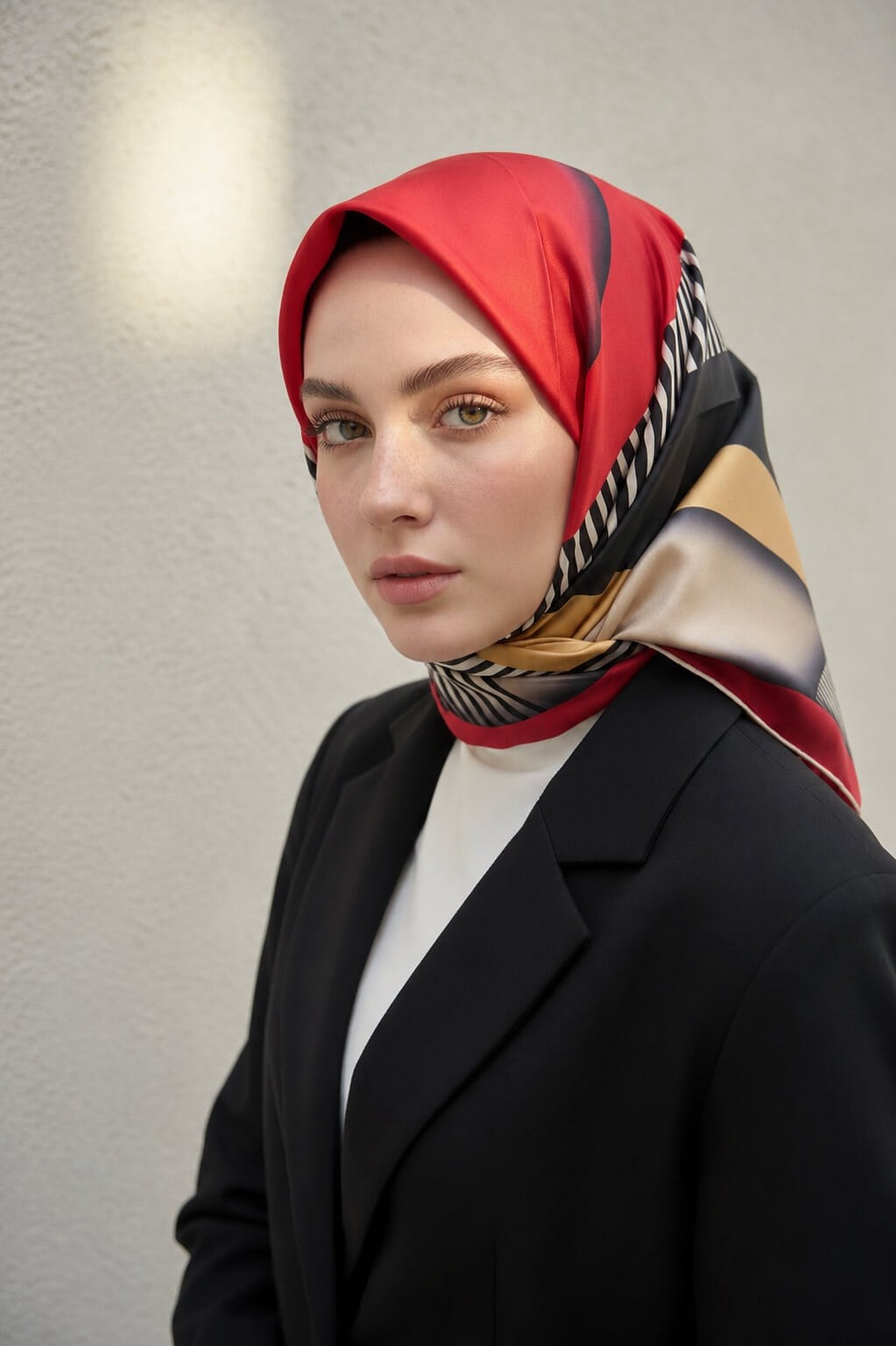 %100 Twill Renk Bloklu Çizgili Desenli Kırmızı - Bej Renkli 90x90 Eşarp Dikim Şekli: El Dikişii