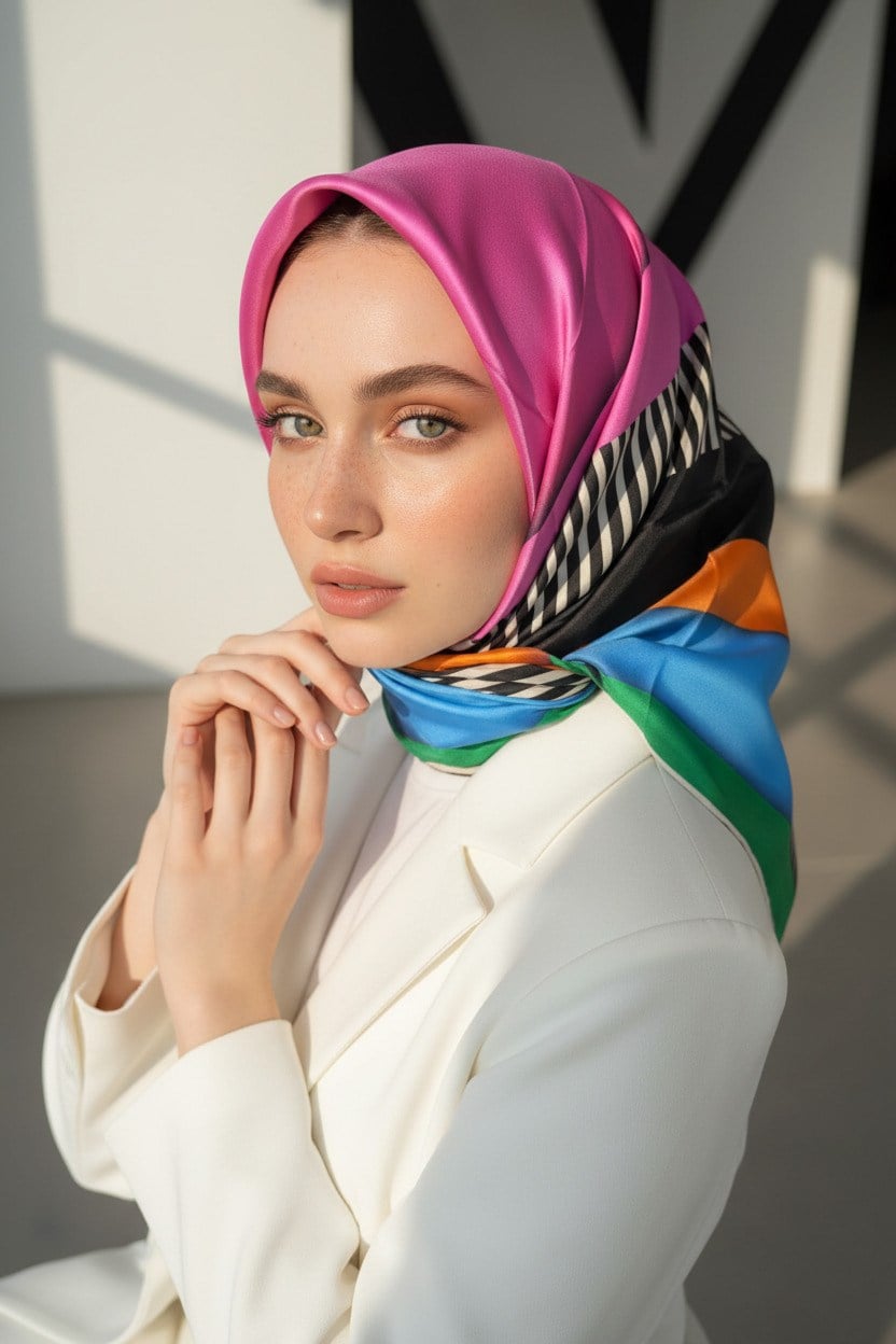 %100 Twill Renk Bloklu Çizgili Desenli Bebe Mavisi - Pembe Renkli 90x90 Eşarp Dikim Şekli: El Dikişii