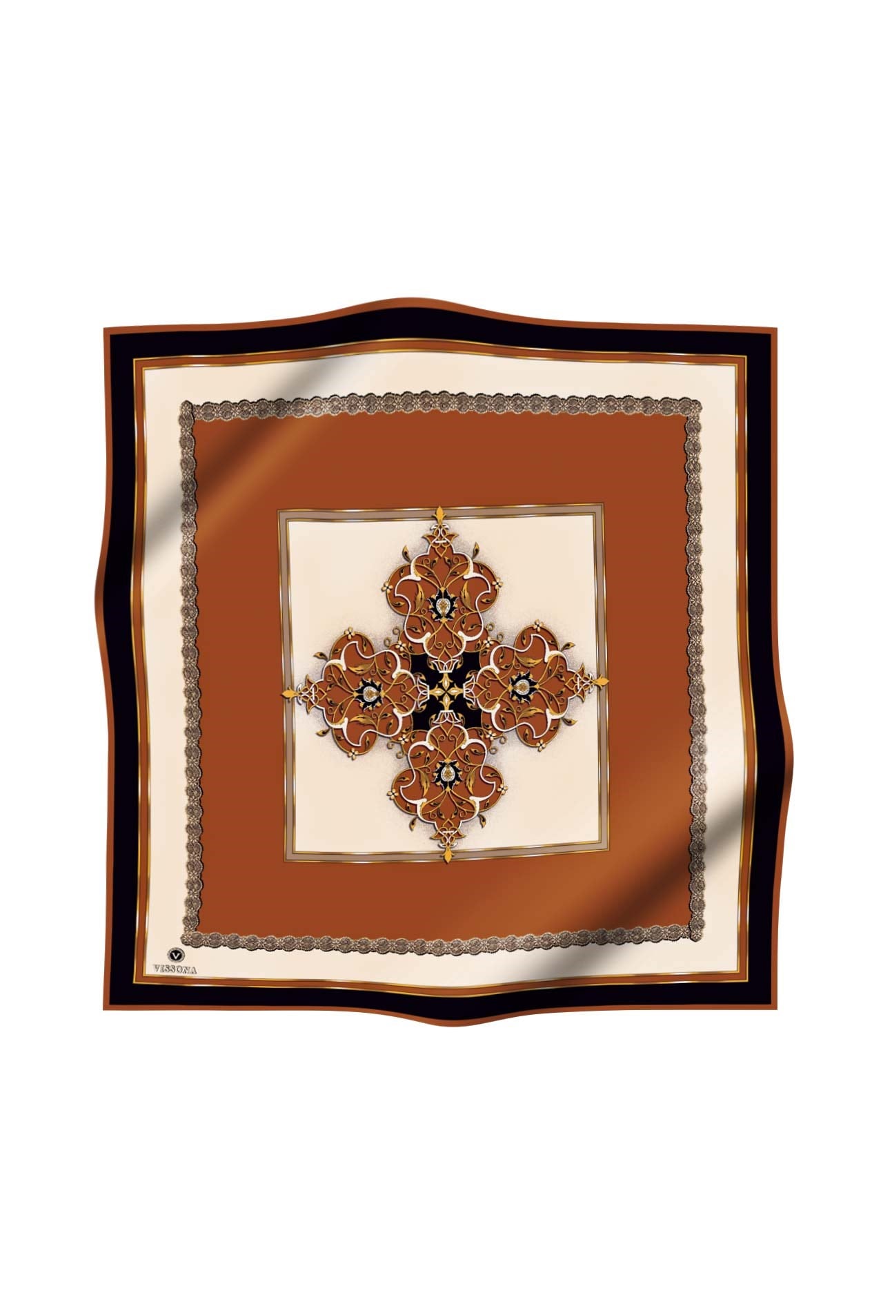 % 57 İPEK % 43 VİSKON Twill İpek Barok Desenli Taba - Siyah Renkli 90x90 Eşarp Dikim Şekli : El Dikişi