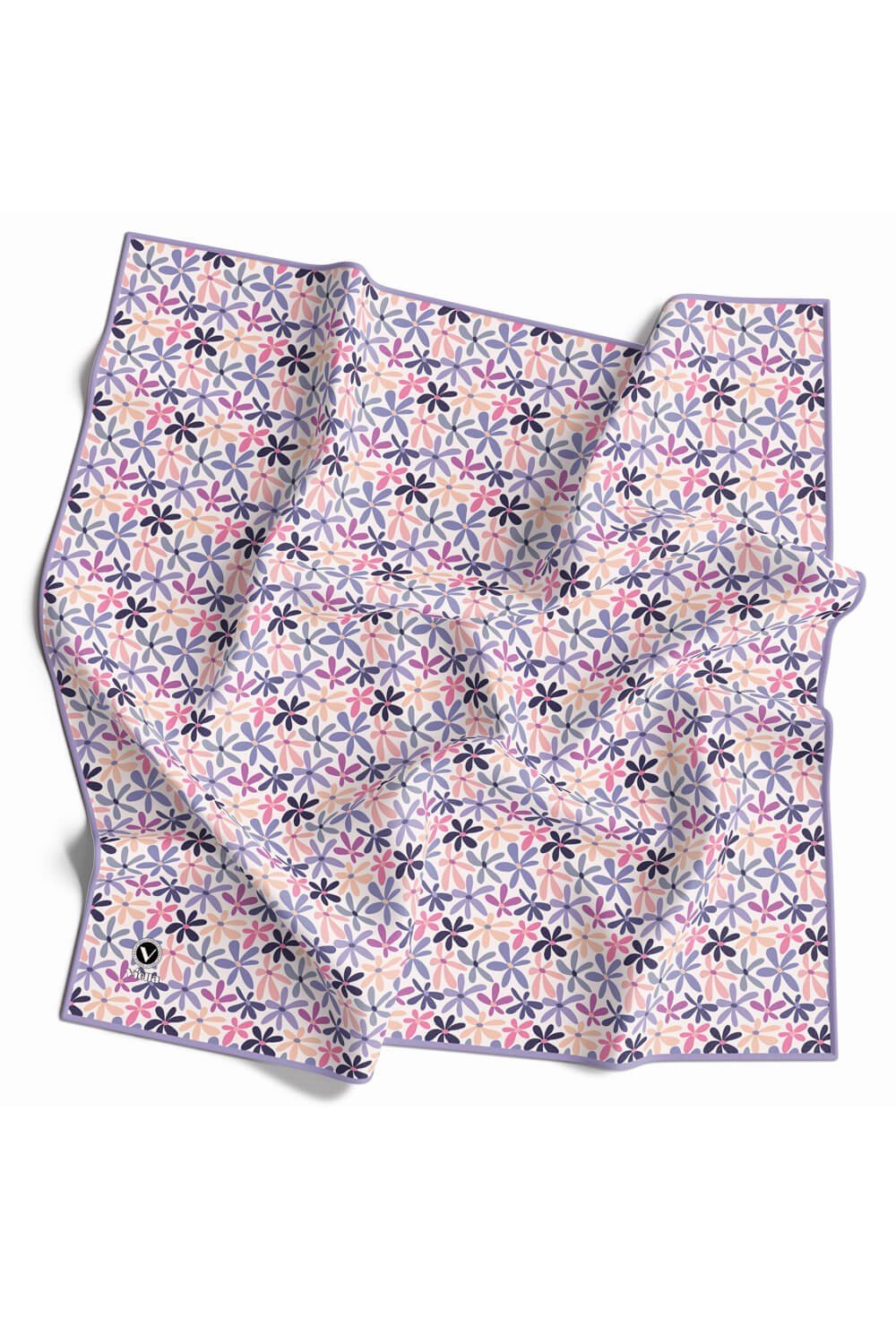Twill Renkli Çiçek Desenli Lila Renkli 90x90 Eşarp (İpek İçermez) Kenar Dikiş Şekli El Dikişli