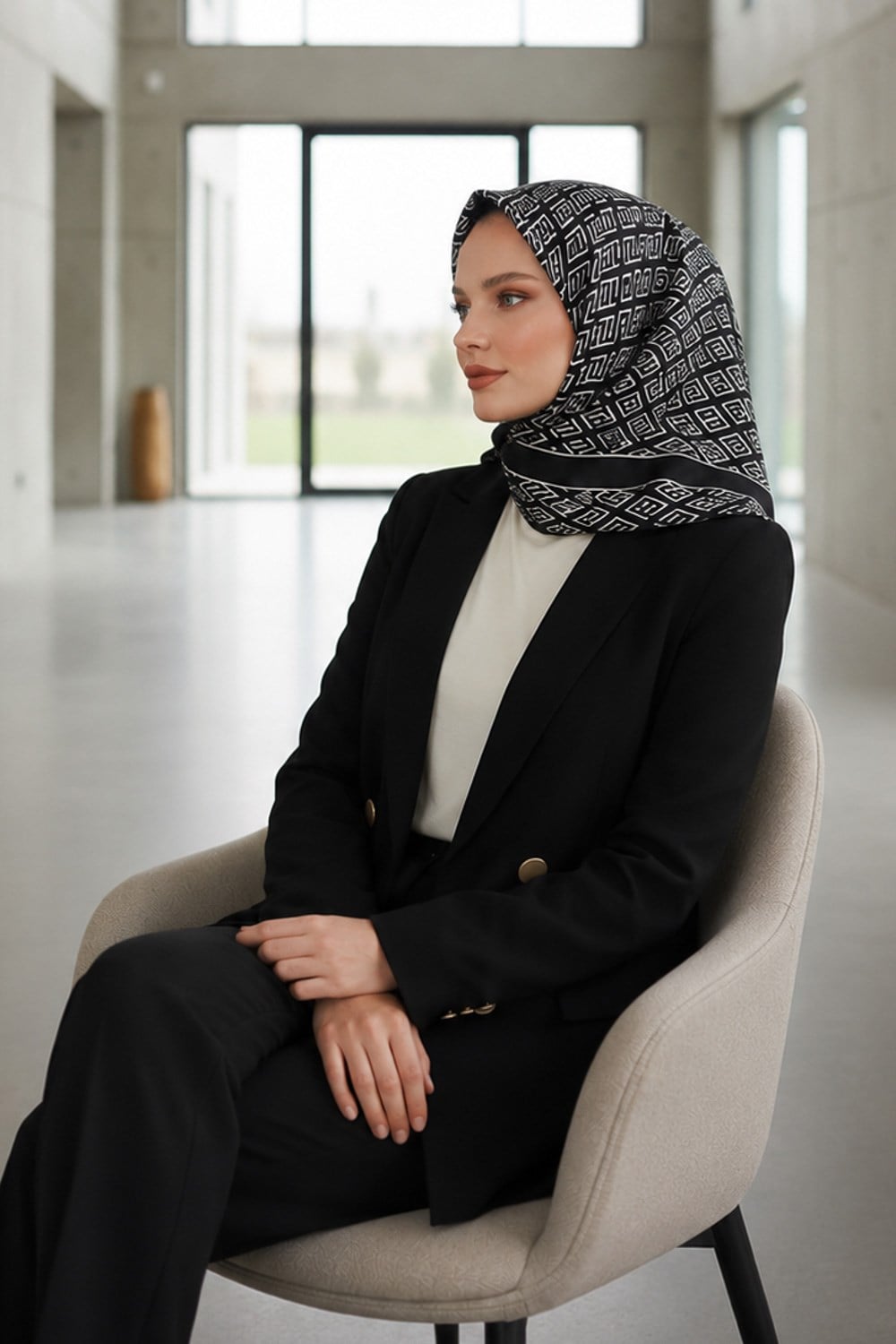 % 57 İPEK % 43 VİSKON Twill İpek Geometrik Desenli Siyah - Krem Renkli 90x90 Eşarp Dikim Şekli : El Dikişi