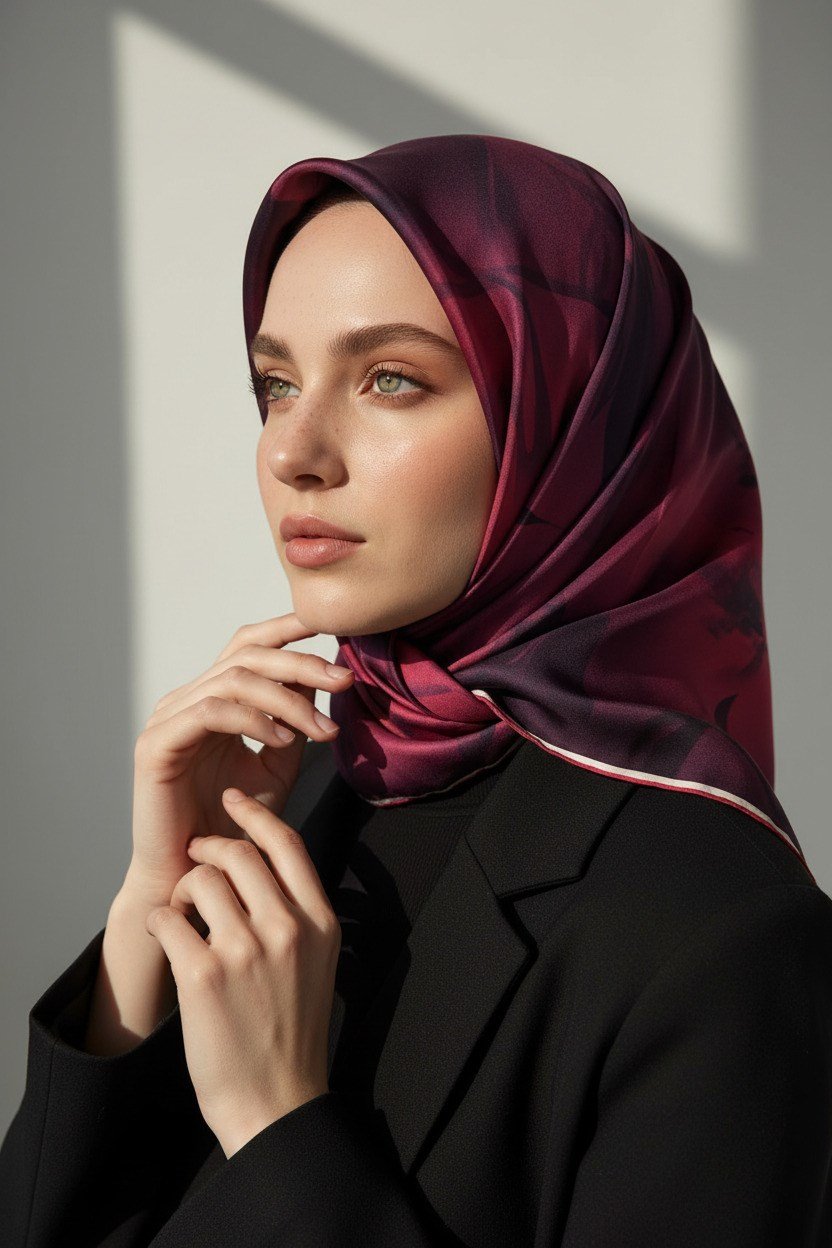 100% Twill İpek Çiçek Desenli Bordo Renkli 90x90 Dikim Şekli : El Dikişi Eşarp