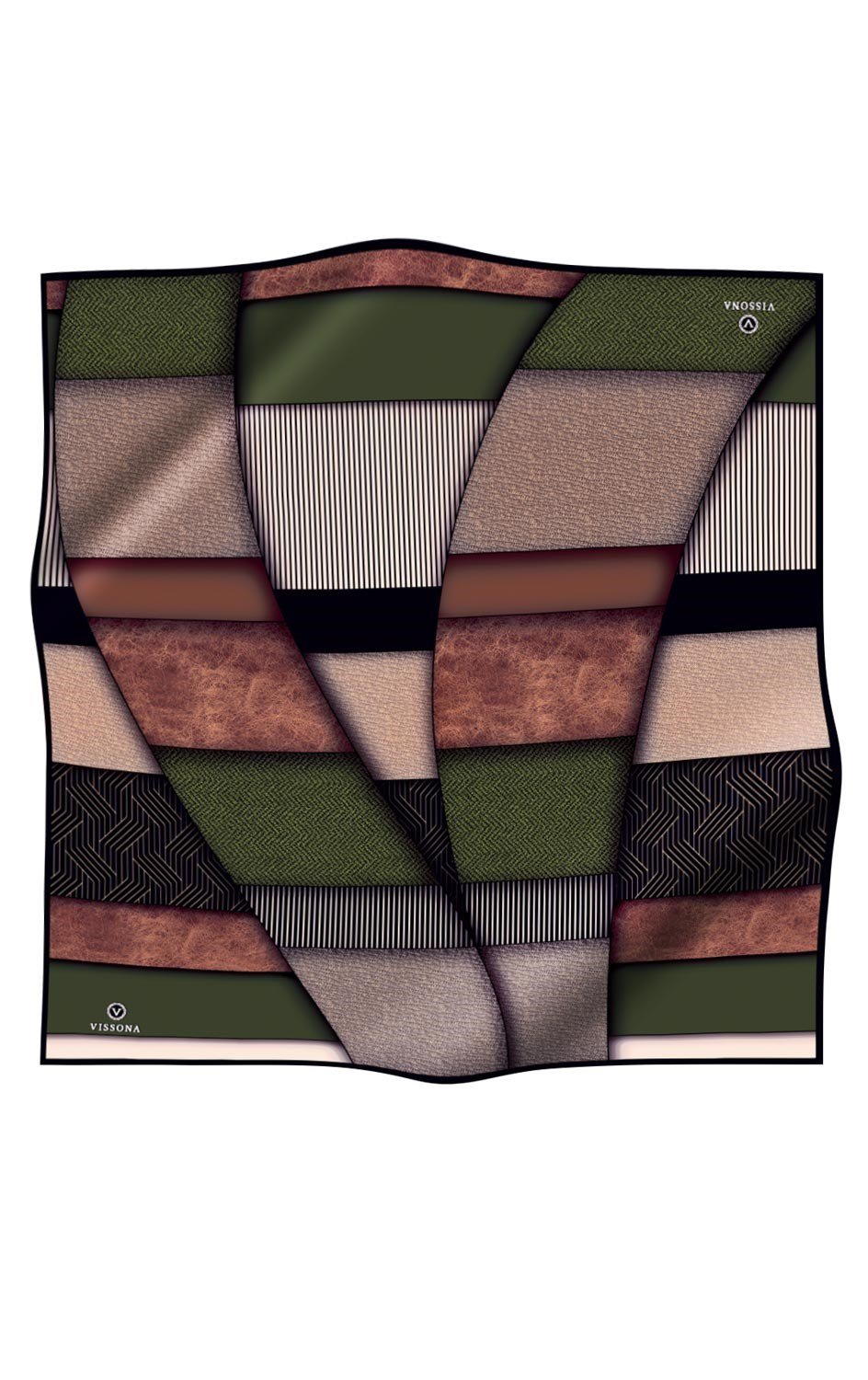 %100 Twill İpek Dokulu ve Geometrik Desenli Haki - Vizon Yeşili Renkli 90x90 Eşarp Dikim Şekli : El Dikişi