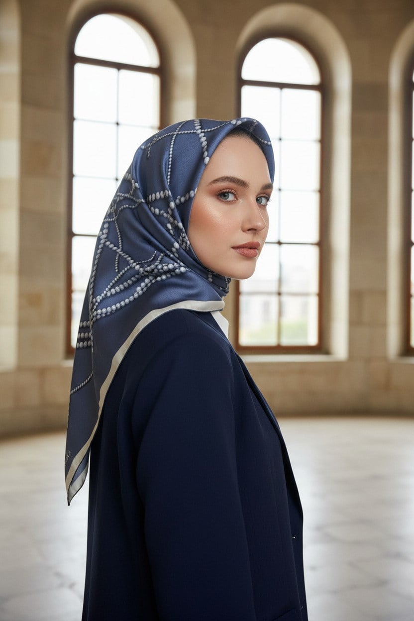 %100 Twill İpek İnci Desenli İndigo Renkli 90x90 Eşarp Kenar Dikiş Şekli : El Dikişli