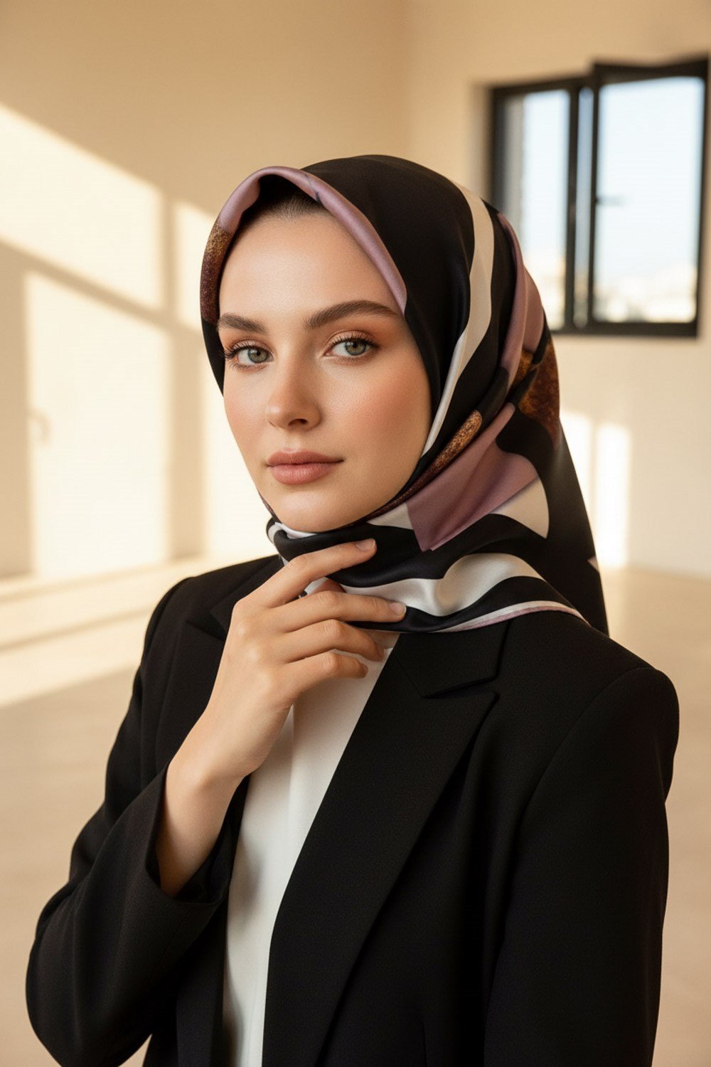 %100 Twill İpek Karo Desenli Pudra - Siyah Renkli 90x90 Eşarp Dikim Şekli : El Dikişi